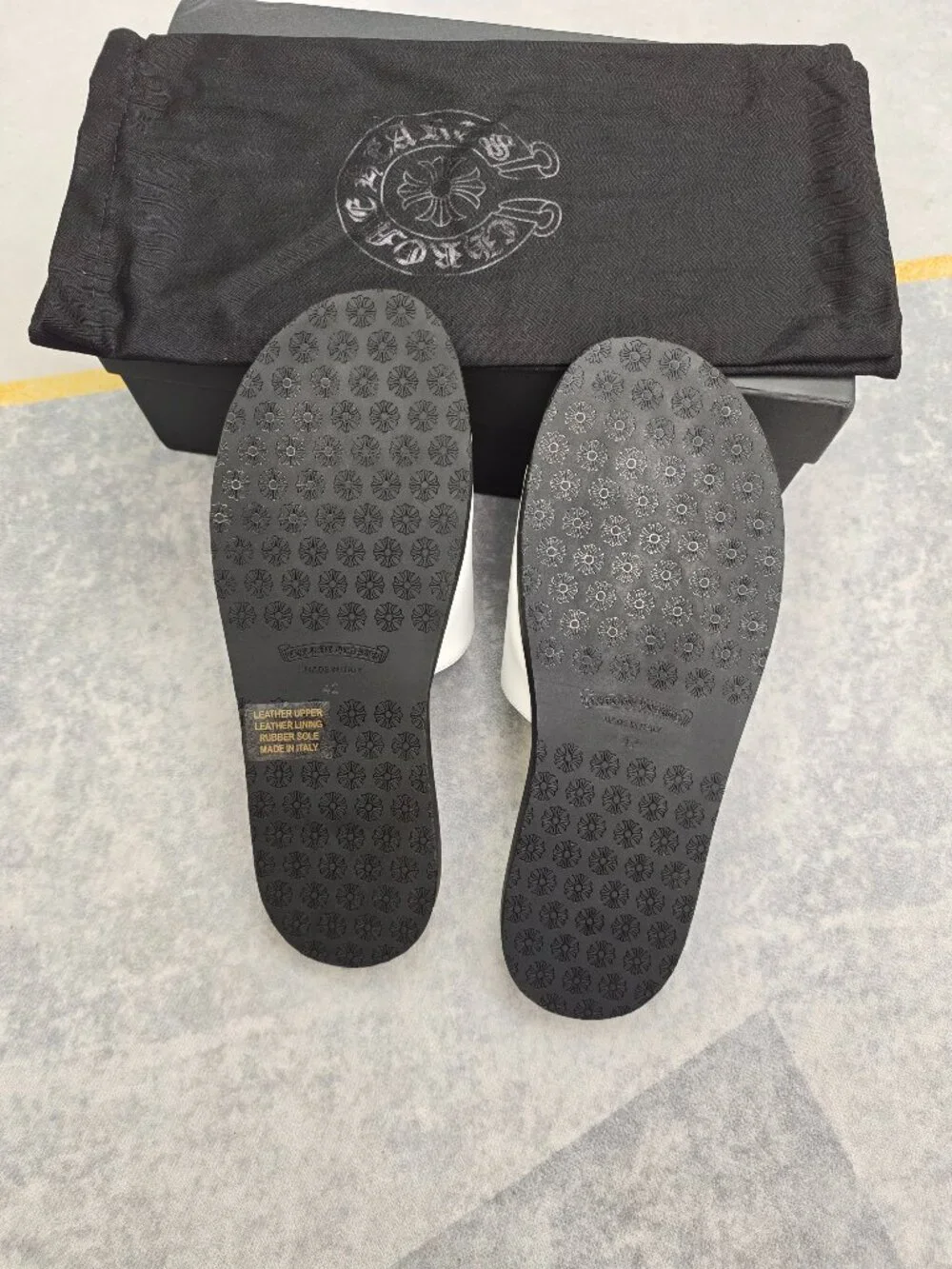 Chrome Hearts White Leather Plus Patch Slides, Cross Logo Sandals
